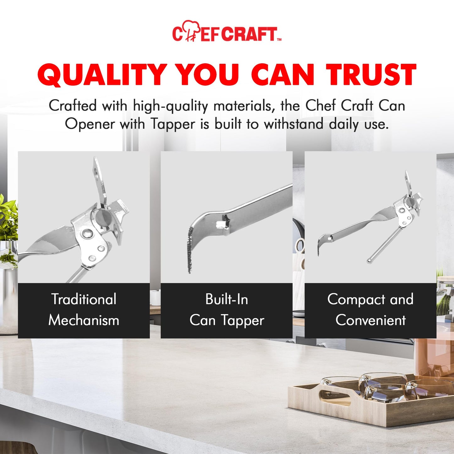 Chef Craft Select Can Opener with Tapper, 6.5 inches in length, Nickle Plated