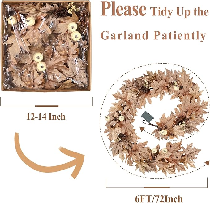 6 FT Fall Garland with Lights Timer Function Autumn Fall Leaves Garland with Berries Pine Cones Pumpkins Realistic Automatic ON/Off Timer Fall Decorations for Home Mantle Fireplace Porch Door Table