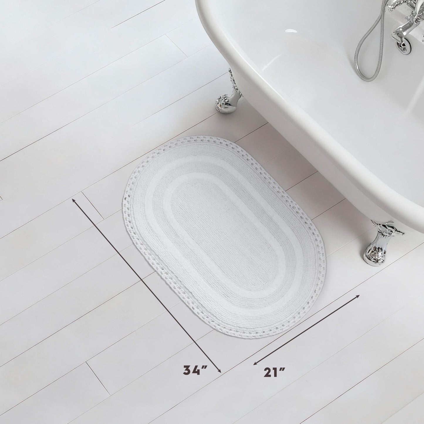 Laura Ashley Camilla 100% Cotton Oval Bath Mat with Crochet Border, Soft & Absorbent, Bright White 21" x 34" Bathroom Rug