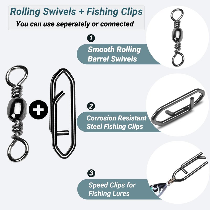 AMYSPORTS Heavy Strength Fishing Snap Stainless Saltwater Freshwater Fishing Swivel Clip Rolling Barrel Fishing Clips Swivels Speed Change Black Nickel, 50pcs, 70lb