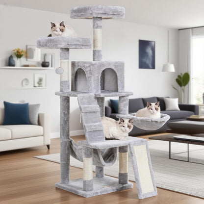 Heybly Cat Tree, Cat Tower for Indoor Cats, Multi-Level Cat Furniture Condo for Cats with Padded Plush Perch, Cozy Basket and Scratching Board, Light Gray HCT014W