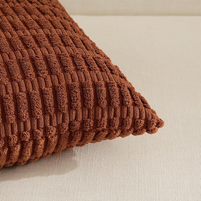 Fancy Homi Rust Decorative Throw Pillow Covers 16x16 Inch for Living Room Couch Bed Sofa, Soft Striped Corduroy Square Cushion Case 40x40 cm, Terracotta Rustic Farmhouse Boho Home Decor