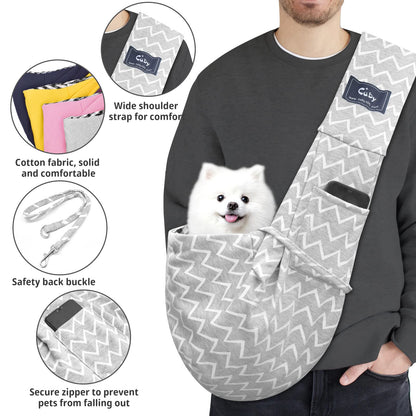 CUBY Puppy Dog Carrier, Pet Dog Sling Carrier for Small Medium Dogs Hands-free Sling Cat Carrier Comfortable Widen Shoulder Strap Double-sided Pouch Shoulder (Striped Grey, Cotton)