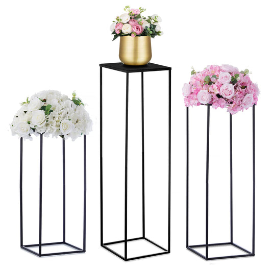 Nuptio Black Vase for Wedding Centrepieces: 3 Pcs Tall Plant Stand Flower Vases Large Metal Display Table Column Rack Geometric Centre Pieces for Home Birthday Party Decorations(23.6/31.5/39.4in)