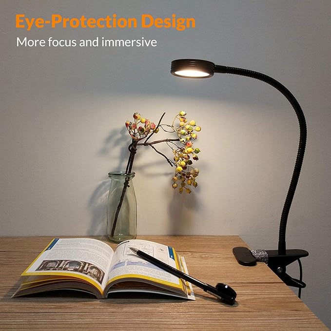 LEPOWER Clip on Light/Reading Lights/Book Light/Desk Lamp Color Changeable/Night Lights Clip on for Desk, Bed Headboard and Computers, Adapter Included (Black)