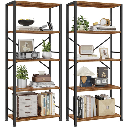 Furologee 5 Tier Book Shelf Set of 2, Tall Wide Bookshelf, Industrial Open Bookcase, Display Shelves Storage Organizer, Shelving Unit for Living Room, Home Office, Bedroom, Rustic Brown