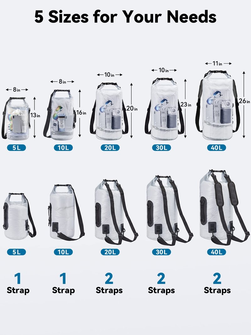 HEETA Dry Bag Waterproof for Women Men, Roll Top Lightweight Dry Storage Bag Backpack with Phone Case for Travel Swimming Boating Kayaking Paddle Board Camping Beach Accessories (White, 5L)