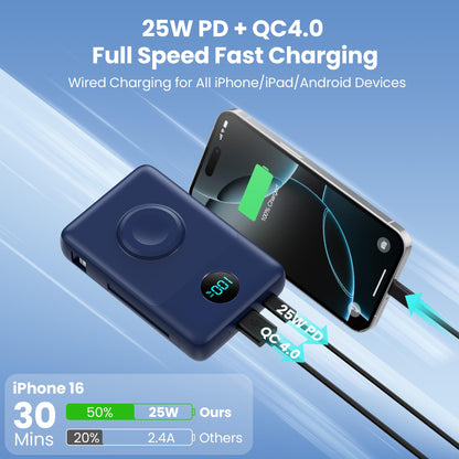 Magnetic Portable Charger 10800mAh for iPhone with Built-in Cables, 6-in-1 Wireless Power Bank with iWatch Charger, LCD Display 25W PD Fast Charging Battery Pack for iPhone 16/15/14/13/12, Apple Watch