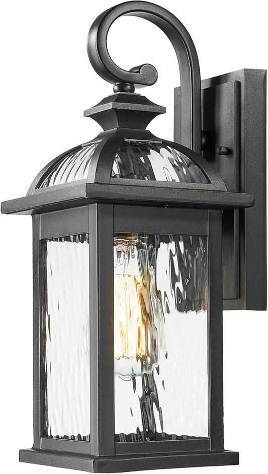 Outdoor Porch Lights Wall Mount Matte Black Outdoor Wall Lamps with Water Ripple Glass 15 Inch Large Aluminum Exterior Lighting Fixtures for Garage Front Door E26 Socket