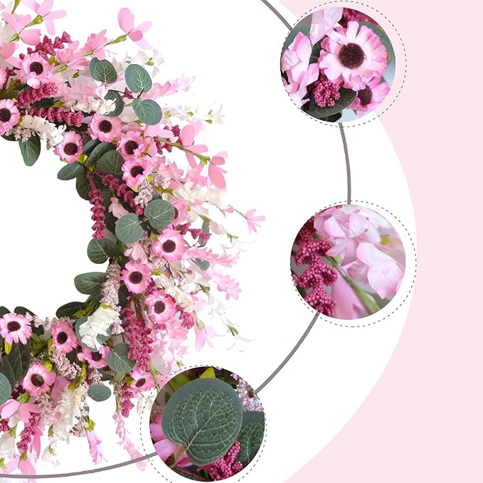 Idyllic 18 Inch Pink Daisy Wildflowers Spring Summer Wreath for Front Door, Pink Lavender Eucalyptus Leaves for Valentine Wedding, Faux Flower for Indoor and Outdoor