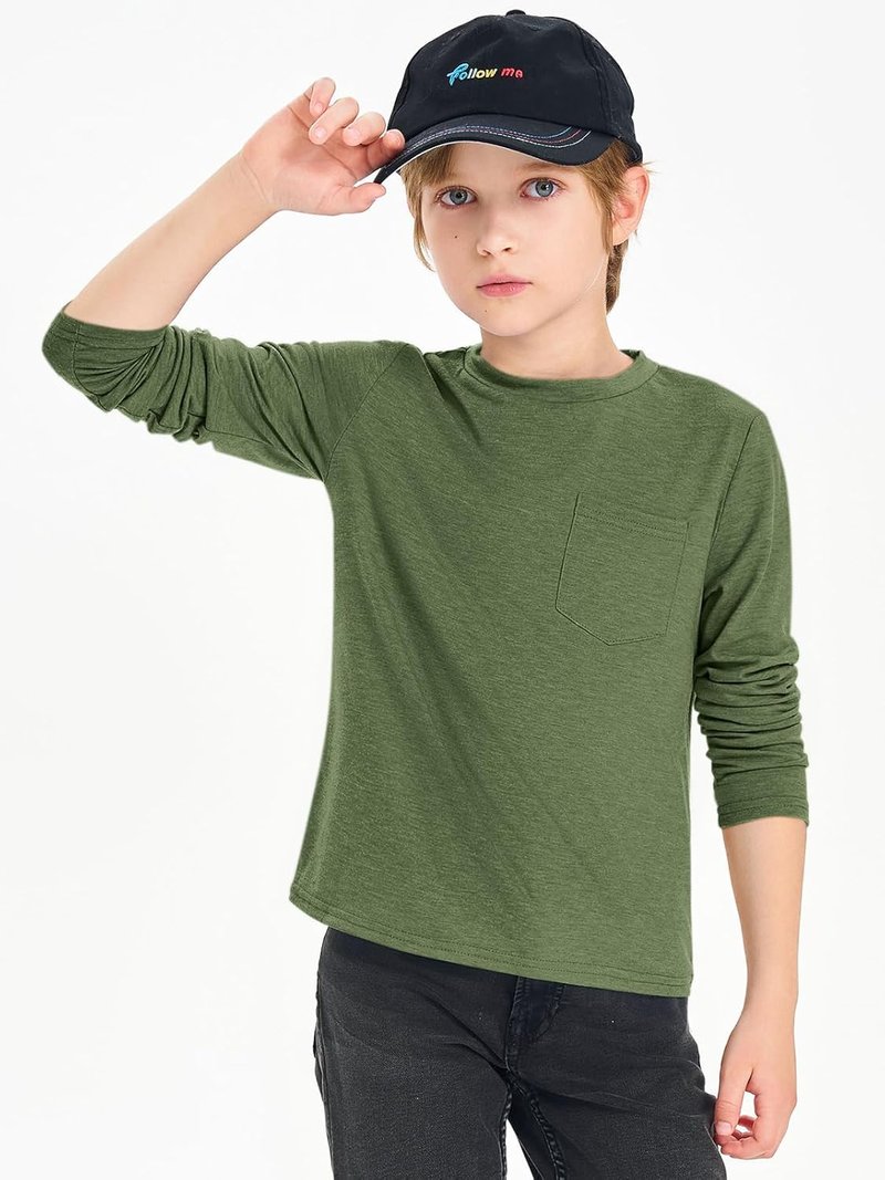 Boys Long Sleeve Crewneck Shirts - Casual Tees with Chest Pocket | Ages 5-14