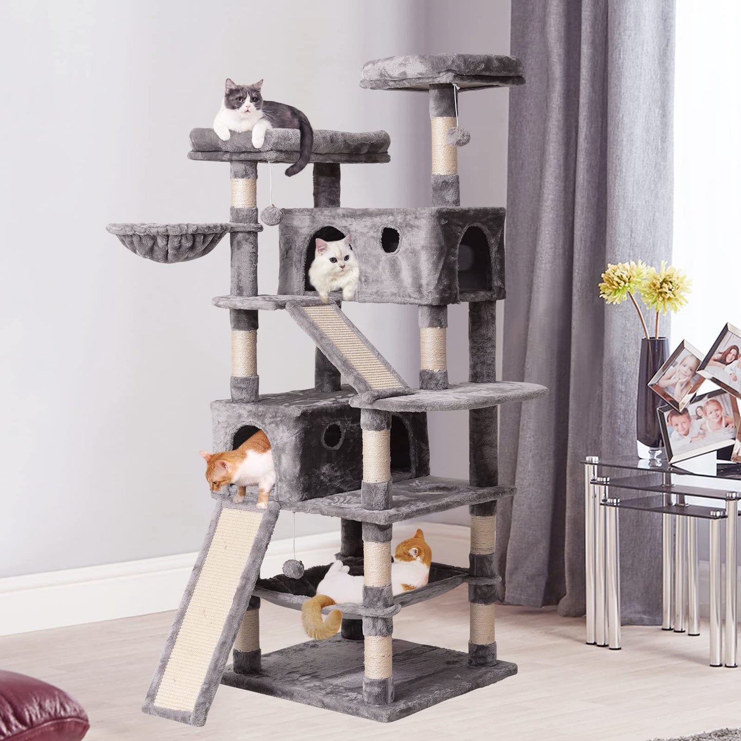 JISSBON Cat Tree Tower 178cm, Multi-Level Cat Scratching Post with Condos, Ladders, Basket, Hammock & Plush Perches for Kittens, Large Cats, Light Grey