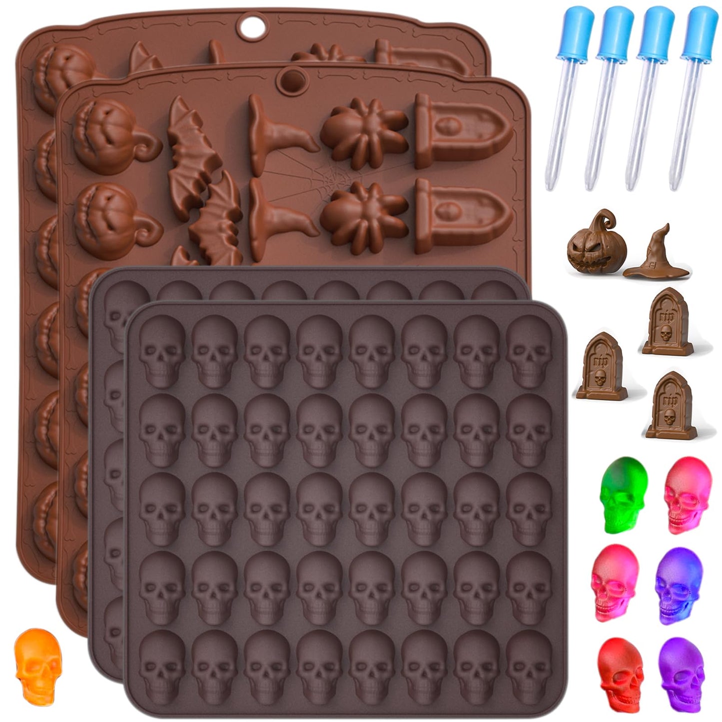 Gummy Skull Candy Molds Silicone, 4 Pack Mini Skull Gummie Chocolate Mold Halloween Spider Witch Hat Pumpkin Candy Gummy Mold with 4 Droppers for Chocolate, Candy, Jelly, Ice Cube, Dog Treat (Brown)