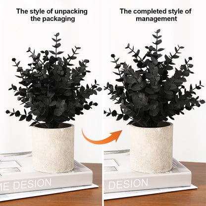 2 Pack Black Fake Eucalyptus Small Fake Plants Potted Artificial Plants for Halloween Decorations Shelf Desk Home Farmhouse Room Coffee Table Bathroom Decor(Black)