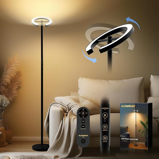 GLOWRIUM-H3B Floor Lamp for Bedroom, 71 Inch Bright LED Modern Corner Lamp with Remote, 4 Color Temperatures Tall Standing Reading Lamp with Timer for Bedroom, Stepless Dimmable, Rotatable Head