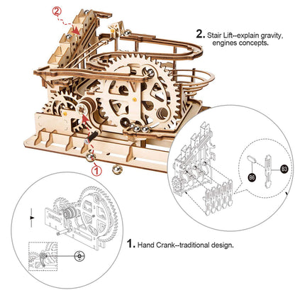 ROKR Hand Cranked Marble Run Wooden Model Kits Assembly 3D Wooden Puzzle Mechanical Model Kits with Balls for Teens and Adults(Waterwheel Coaster)