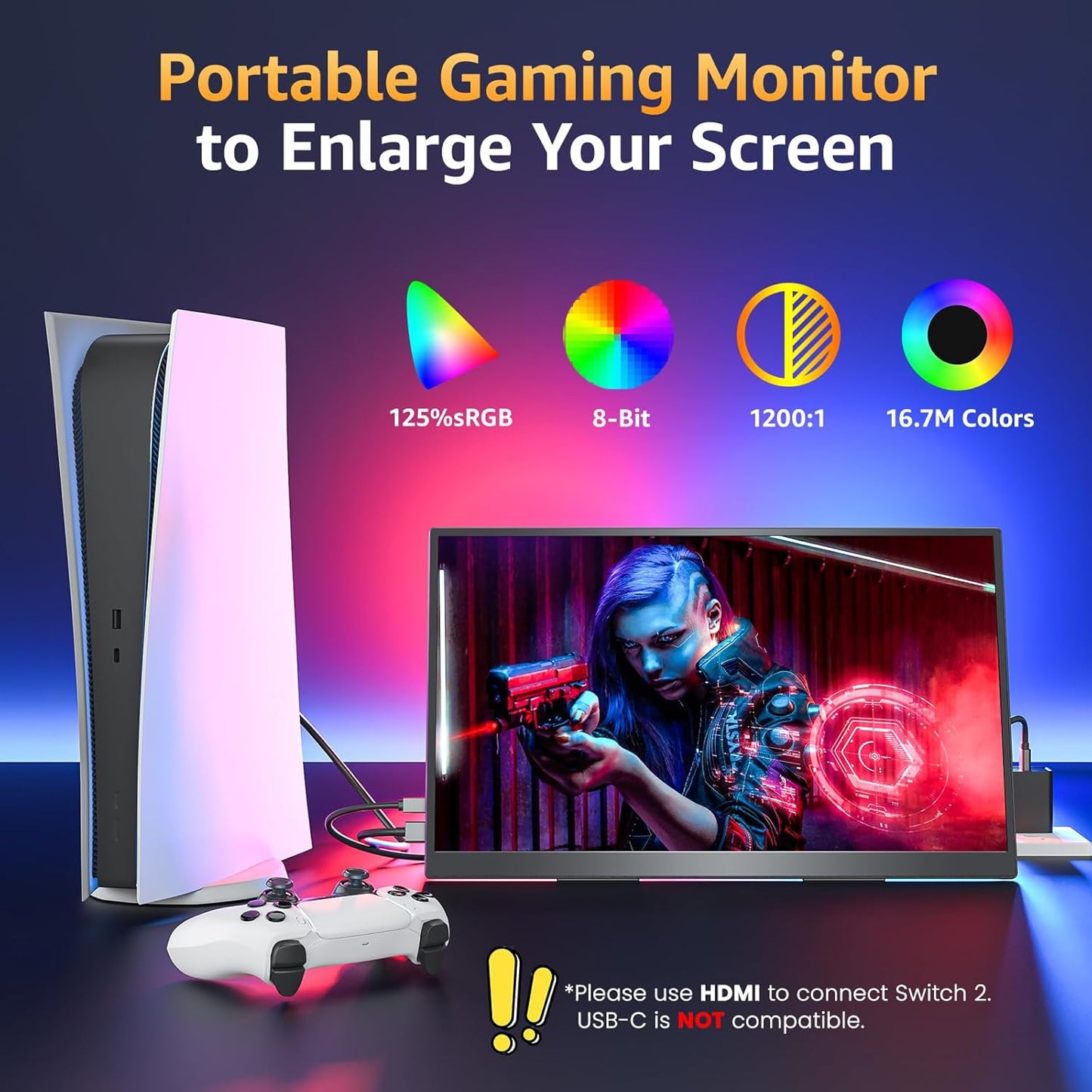 Portable Monitor 18.5" FHD 125% sRGB 100Hz IPS HDR HDMI USB-C Travel Monitor for Laptop MacBook PC Surface PS5 Xbox, Large External Display with Kickstand & Speakers, VESA Compatible
