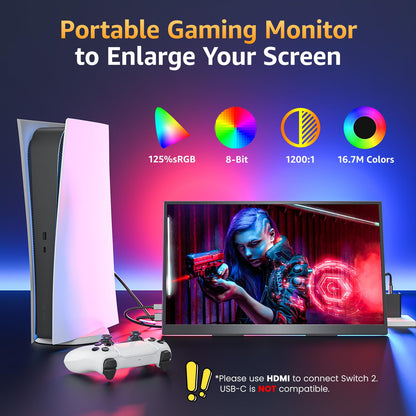 Portable Monitor 15.6" FHD 87% sRGB 60Hz IPS HDR HDMI USB-C Travel Monitor for Laptop MacBook PC Surface PS5 Xbox, External Display with Kickstand & Speakers, VESA Compatible