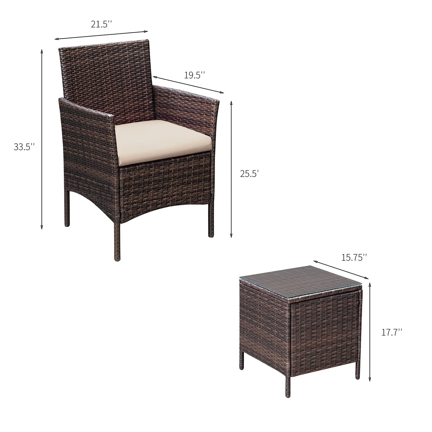 Greesum 3 Pieces Patio Furniture Sets Outdoor PE Rattan Wicker Chairs with Soft Cushion and Glass Coffee Table for Garden Backyard Porch Poolside, Brown and Beige