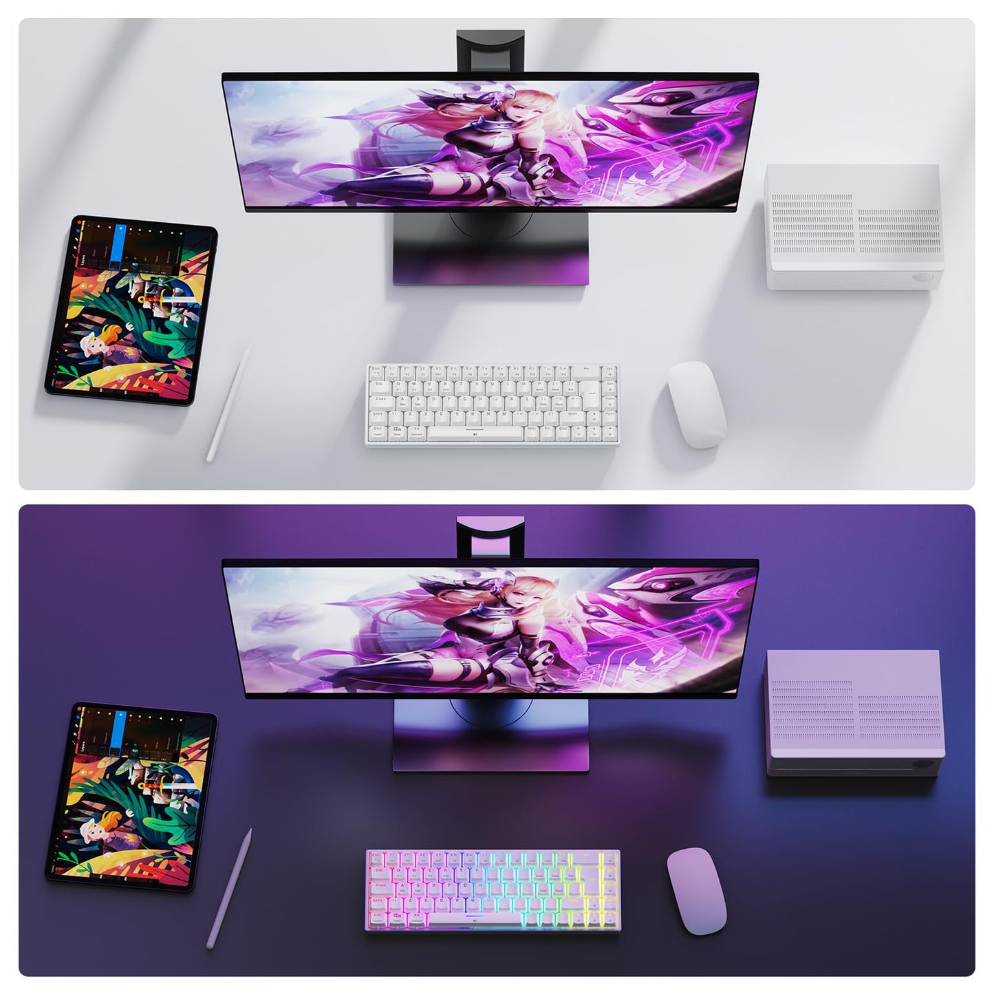 TECURS Wireless Mechanical Gaming Keyboard RGB UK Layout TKL 65% Rollover Anti-ghosting Bluetooth / 2.4G Keyboard Red Switch for PC Gamer/iPad/ PS4/Android, White