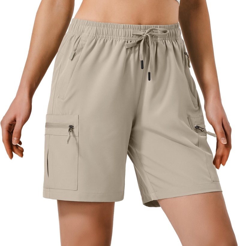 Hugut Women's Lightweight Hiking Cargo Shorts Quick Dry Athletic Shorts Camping Travel Golf Zipper Pockets Water Resistant Khaki
