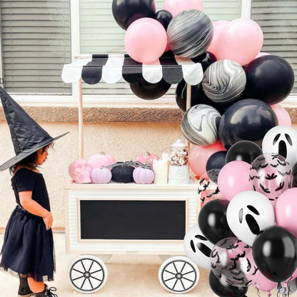 Biapian 60 Pcs Pink Halloween Balloons, 12 Inch Halloween Ghost Balloons Printed Pink and Black Latex Balloons Bat Confetti Balloons for Birthday BOO Happy Halloween Party Decorations Indoor Outdoor