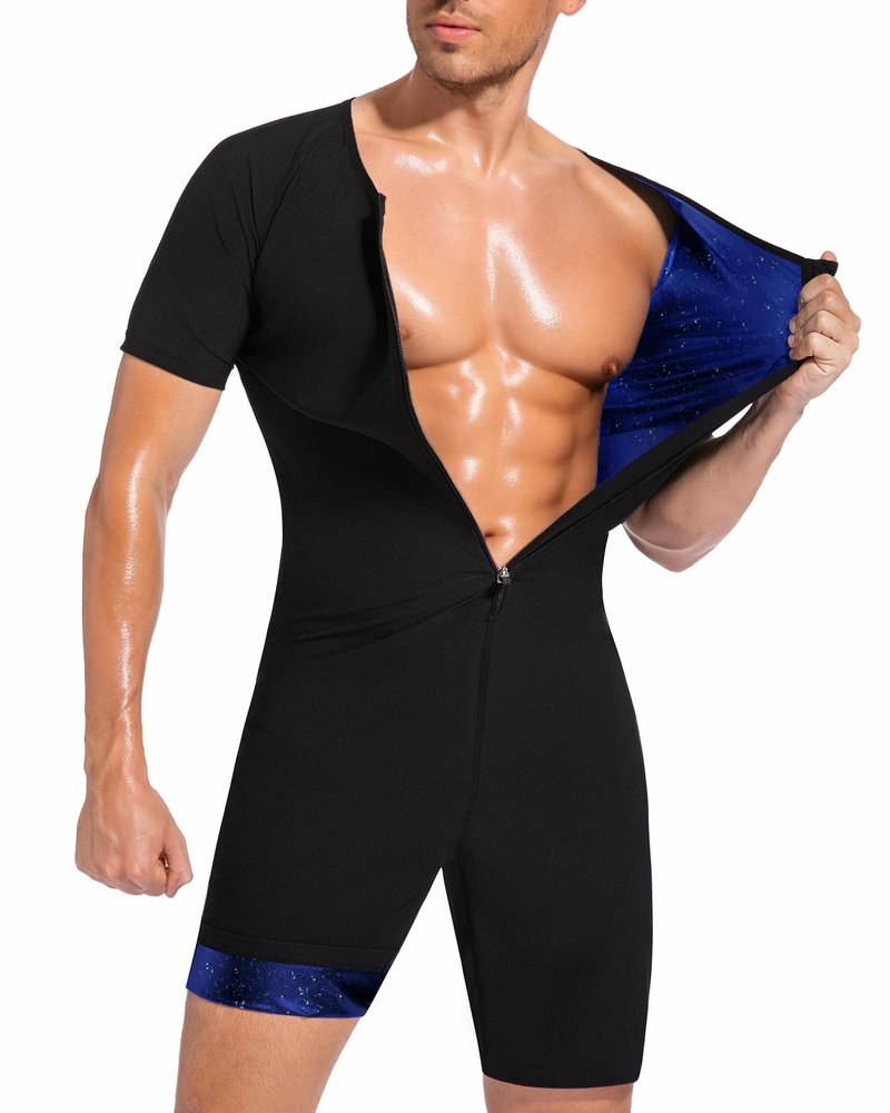 FUXERT Sauna Suit for Men 3 in 1 Slimming Full Body Sauna Jumpsuit Mens Waist Trainer for Workout(BK L)