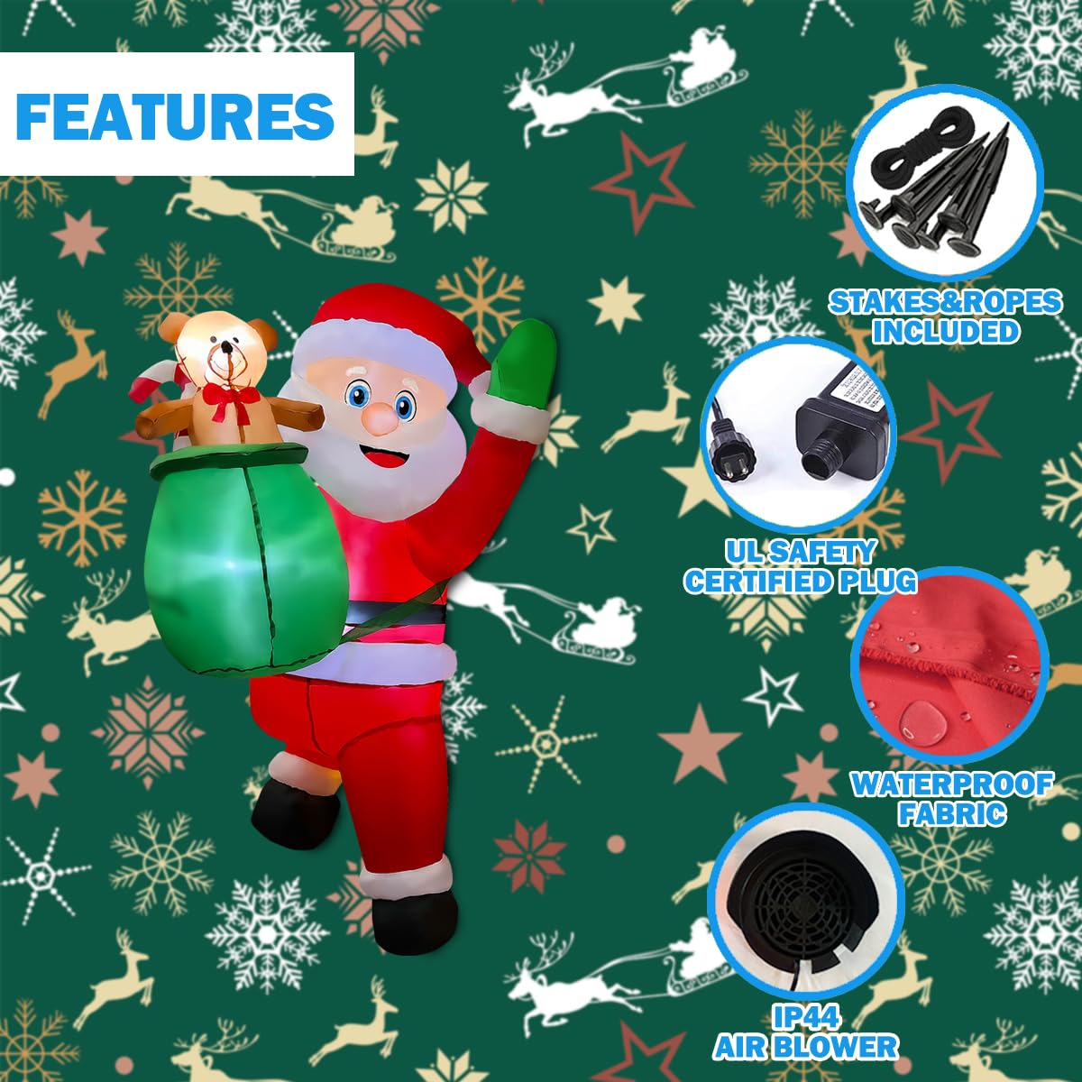 BLOWOUT FUN 4FT Christmas Inflatable Hanging Santa with Gift Bag Decorations, Blow Up Climbing Santa with Build-in LED for Xmas Party, Outdoor, Yard, Garden, Lawn Winter Decoration