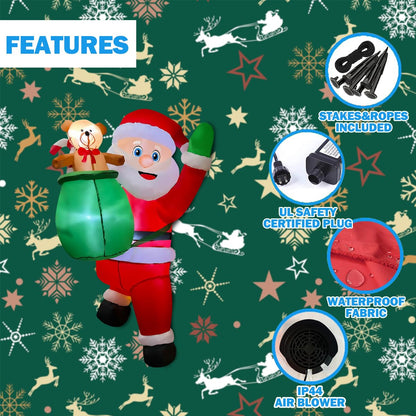BLOWOUT FUN 4FT Christmas Inflatable Hanging Santa with Gift Bag Decorations, Blow Up Climbing Santa with Build-in LED for Xmas Party, Outdoor, Yard, Garden, Lawn Winter Decoration