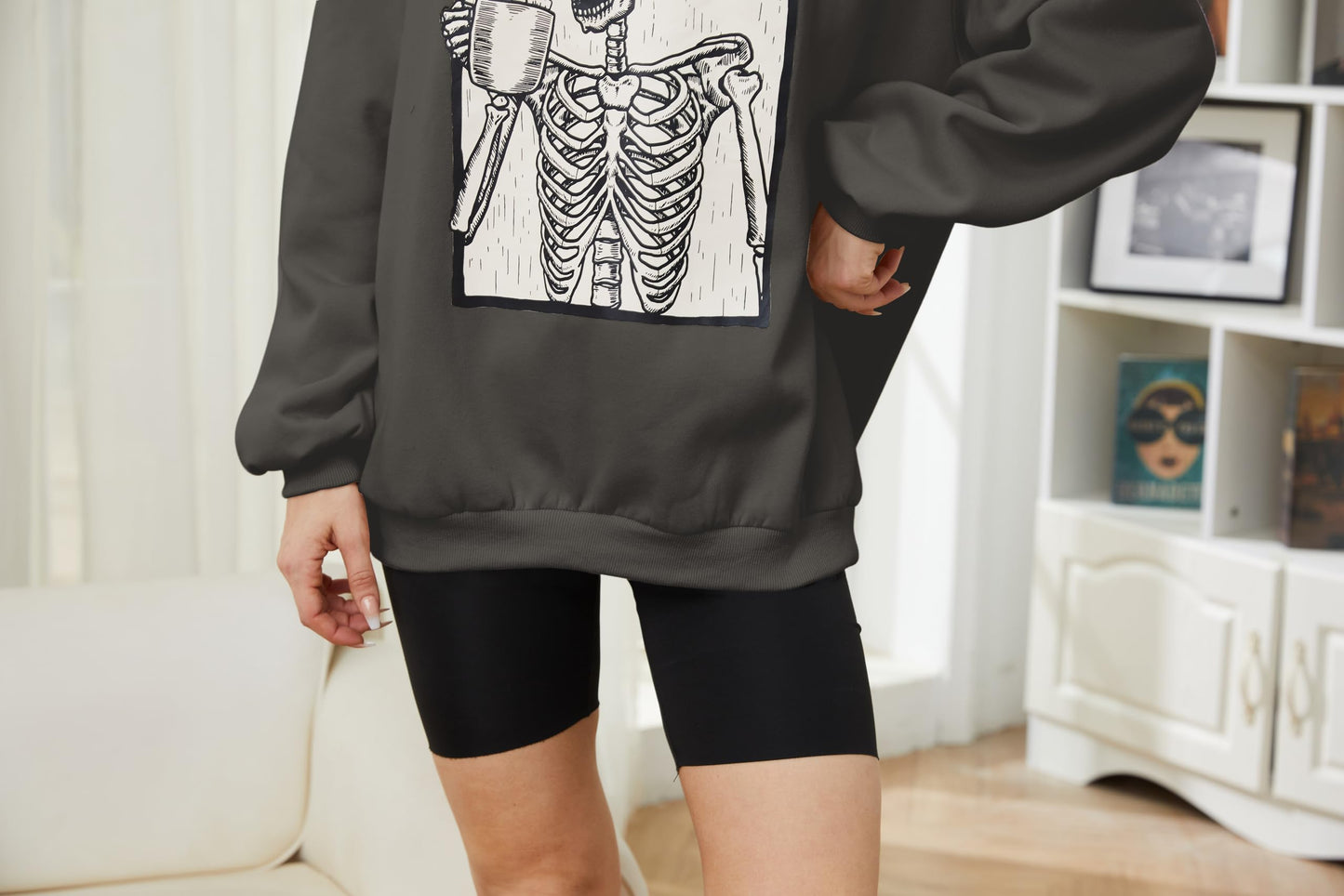 Meladyan womens Halloween Skull Graphic Print Fleece Oversized Sweatshirt Crewneck Long Sleeve Drop Shoulder Pullover, Dark Grey, X-Large