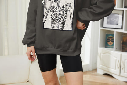 Meladyan womens Halloween Skull Graphic Print Fleece Oversized Sweatshirt Crewneck Long Sleeve Drop Shoulder Pullover, Dark Grey, X-Large