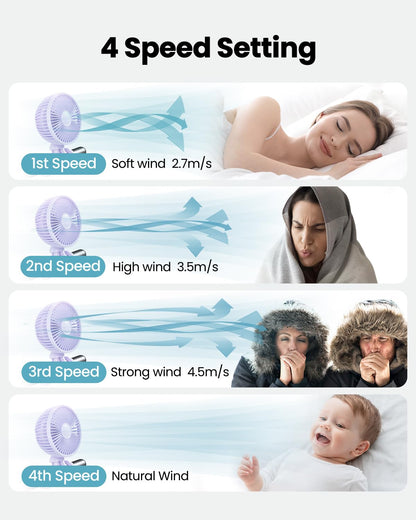 Gaiatop Oscillating Baby Stroller Fan, LED Night Light 4 Speeds Rechargeable 360° Rotate Clip On, Battery Operated Small Portable Cooling Fans for Car Seat Crib Treadmill Travel (Purple)