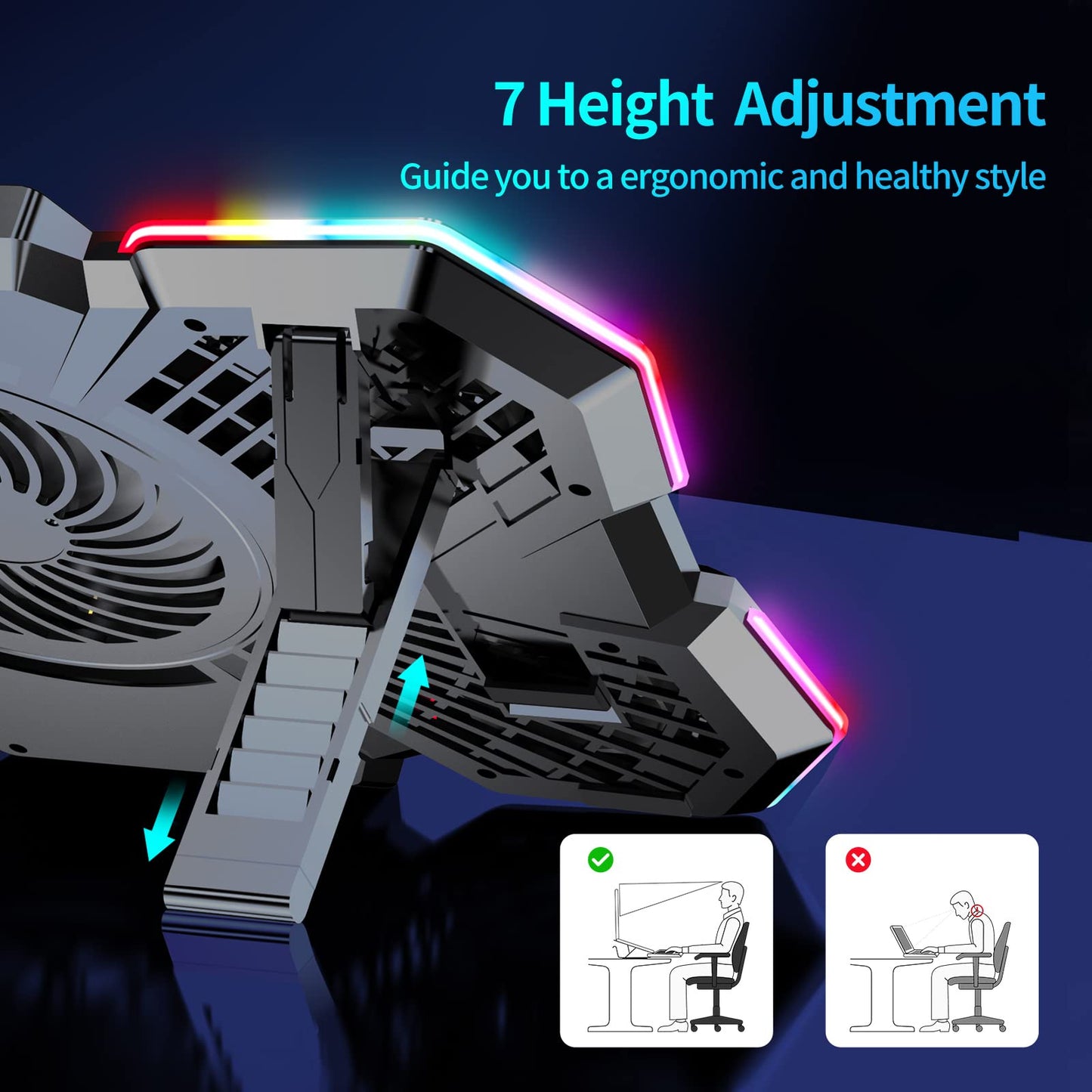 AIMIUZI Laptop Cooling Pad, Gaming Laptop Cooler with 5 Quiet Fans and LED Lights (One-Click Close), Laptop Fan Cooling Pad Fits 12-17 Inch Laptop, 7 Adjustable Height