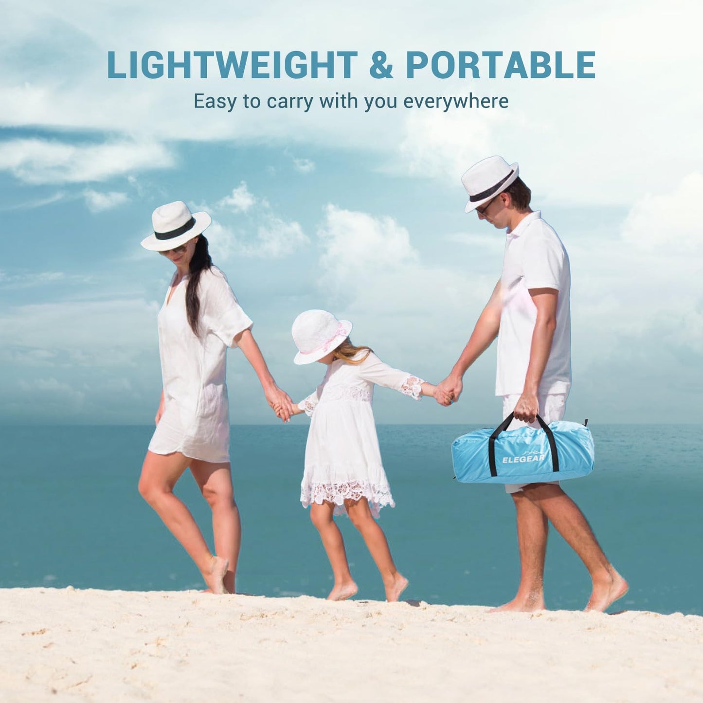 Elegear Beach Tent Sun Shelter with Canopy, 4-5 Person Pop Up Beach Tent, Easy Setup UPF 50+ UV Protection Portable Lightweight Double Silver Coating Beach Cabana Sun Shade Shelter - Sky Blue