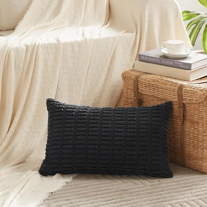 Fancy Homi Black Decorative Throw Pillow Covers 12x20 Inch for Living Room Couch Bed Sofa, Rustic Farmhouse Boho Home Decor, Soft Striped Corduroy Square Cushion Case 30x50 cm