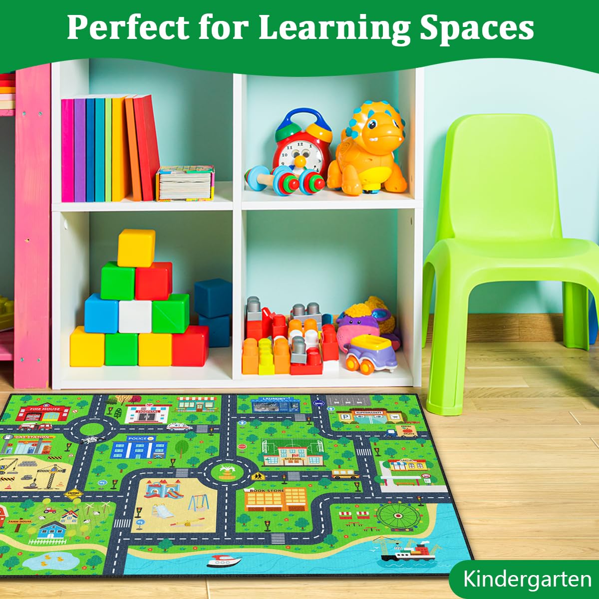 Road Rug for Kids 2×3 Ft - Car Track Road Map Play Mat, City Traffic Learning Carpet, Smooth Low-Pile with TPR Non-Slip Backing for Playroom