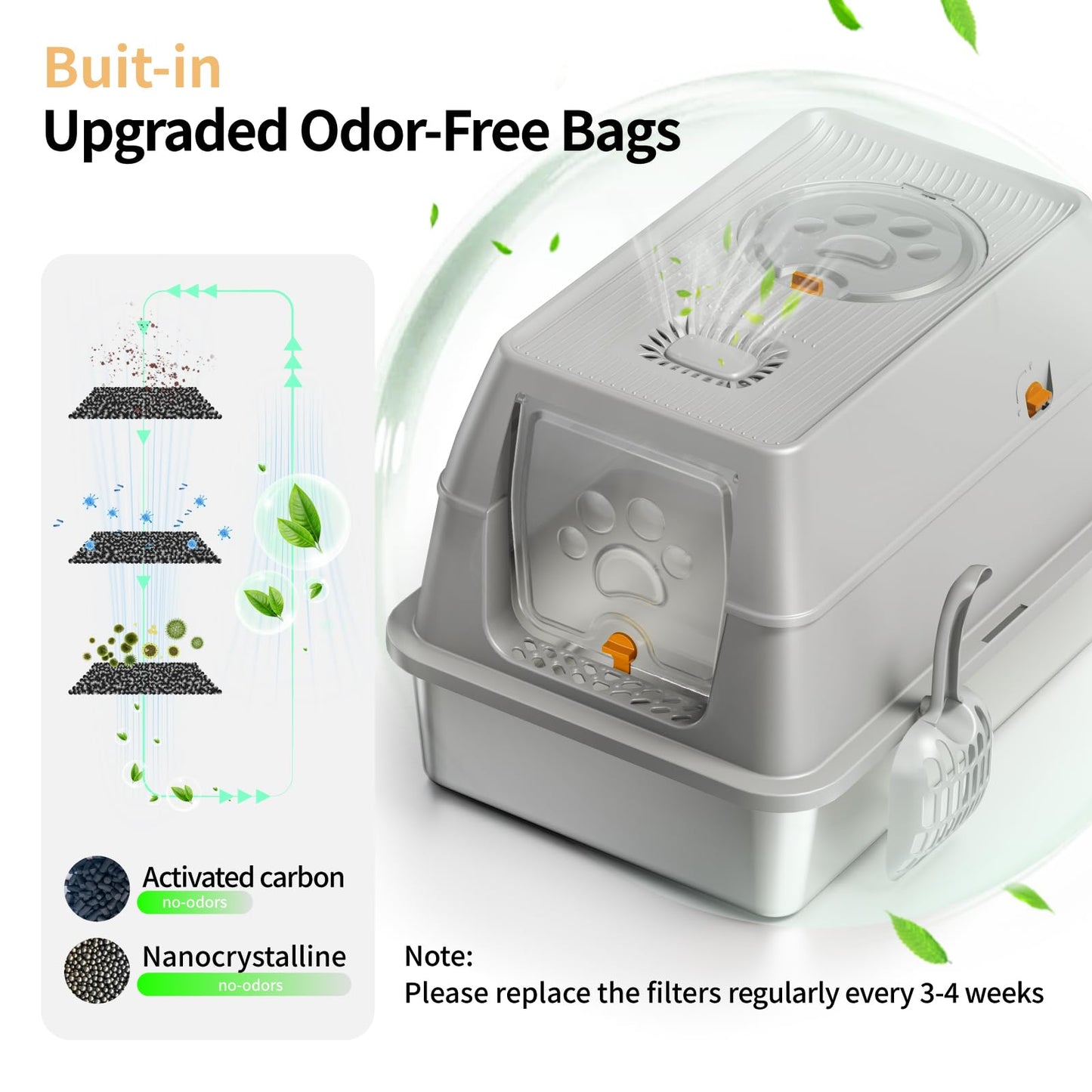 Eosarcu Stainless Steel Cat Litter Box with Lid, XL Large Enclosed High Sided Litter Box with Removable Lid, Carbon Filters -Odor Free, Easy Cleaning, Anti-Urine Leakage for Big Cats/Multiples-Grey