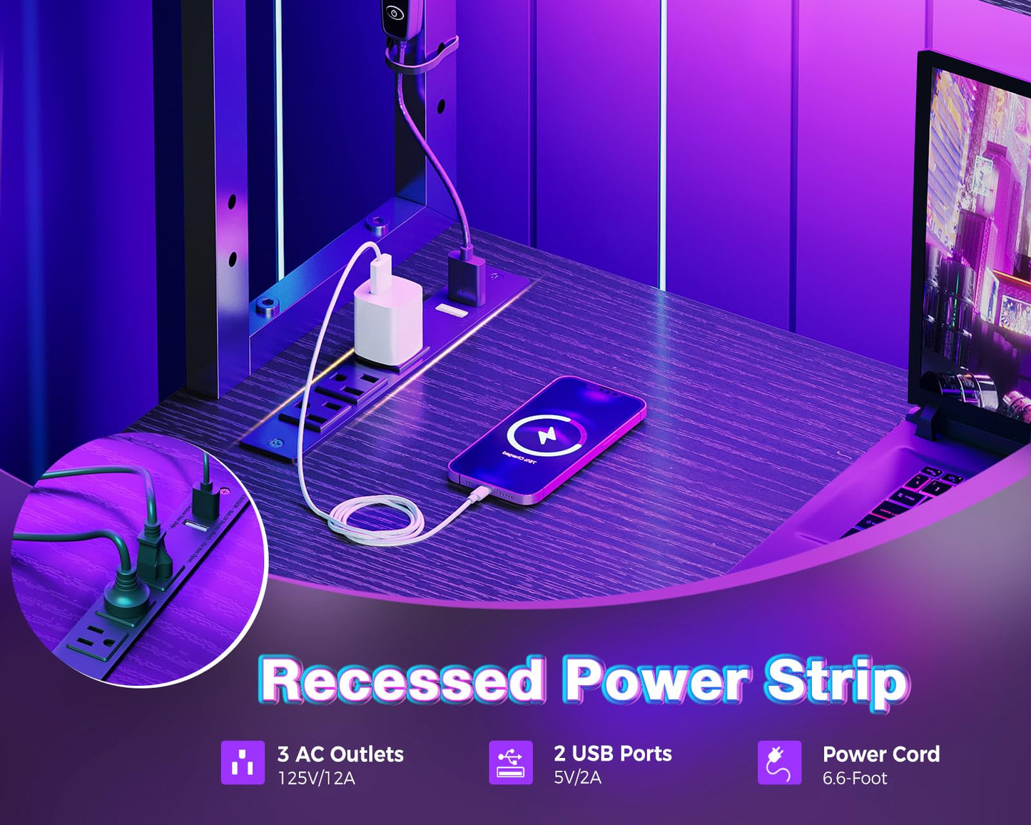 AODK L Shaped Desk Gaming Desk with LED Light & Power Outlet, 53 Inch Reversible L Shaped Computer Table with Shelf & Storage Bag & Hook for Home Office, Black