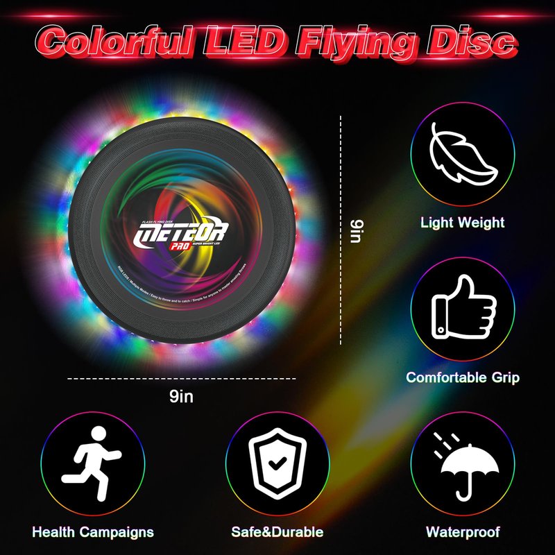 Light up Flying Disc-16 Millions Colors, 48 LEDs & 13 Light Modes, LED Flying Disc for Adults, Kids & Teens, Glow in the Dark Flying Ring, Party Toy Christmas Birthday Gift, Age 6+ (black, 9in)
