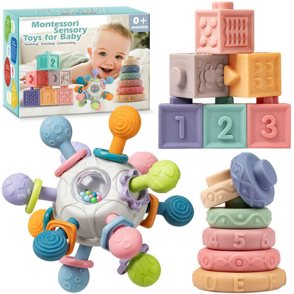 Baby Sensory Teething Toys Set, Montessori Baby Toys 6-12 Months, Incl Newborn Rattle Teether & Baby Blocks & Soft Stacking Rings, Ideal Babies Boy Girl Gifts, Infant Toys 0-3-6-9-12-18 Month