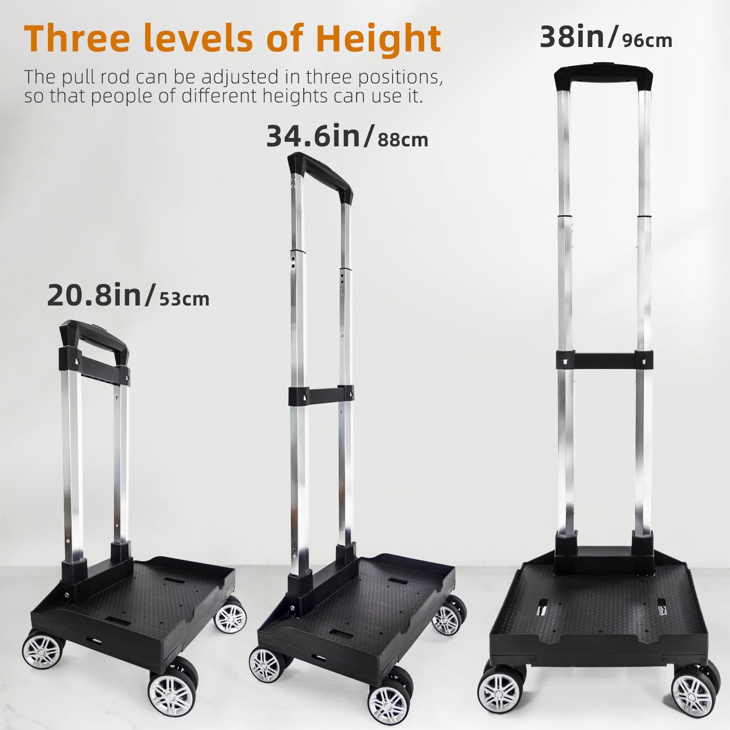 Backpack Trolley Wheeled Cart, Foldable Aluminium Alloy Hand Truck with Edge Guard Base, 4 Spinner Wheels, Luggage Cart with Luggage Strap for Teenagers, Adults, School,Luggage Trolley for Travel