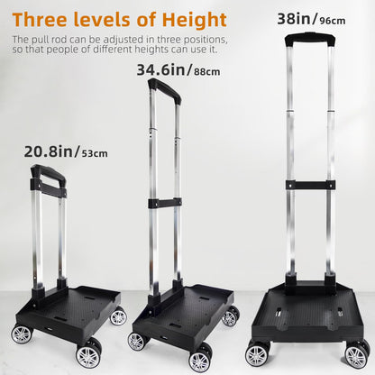 Backpack Trolley Wheeled Cart, Foldable Aluminium Alloy Hand Truck with Edge Guard Base, 4 Spinner Wheels, Luggage Cart with Luggage Strap for Teenagers, Adults, School,Luggage Trolley for Travel