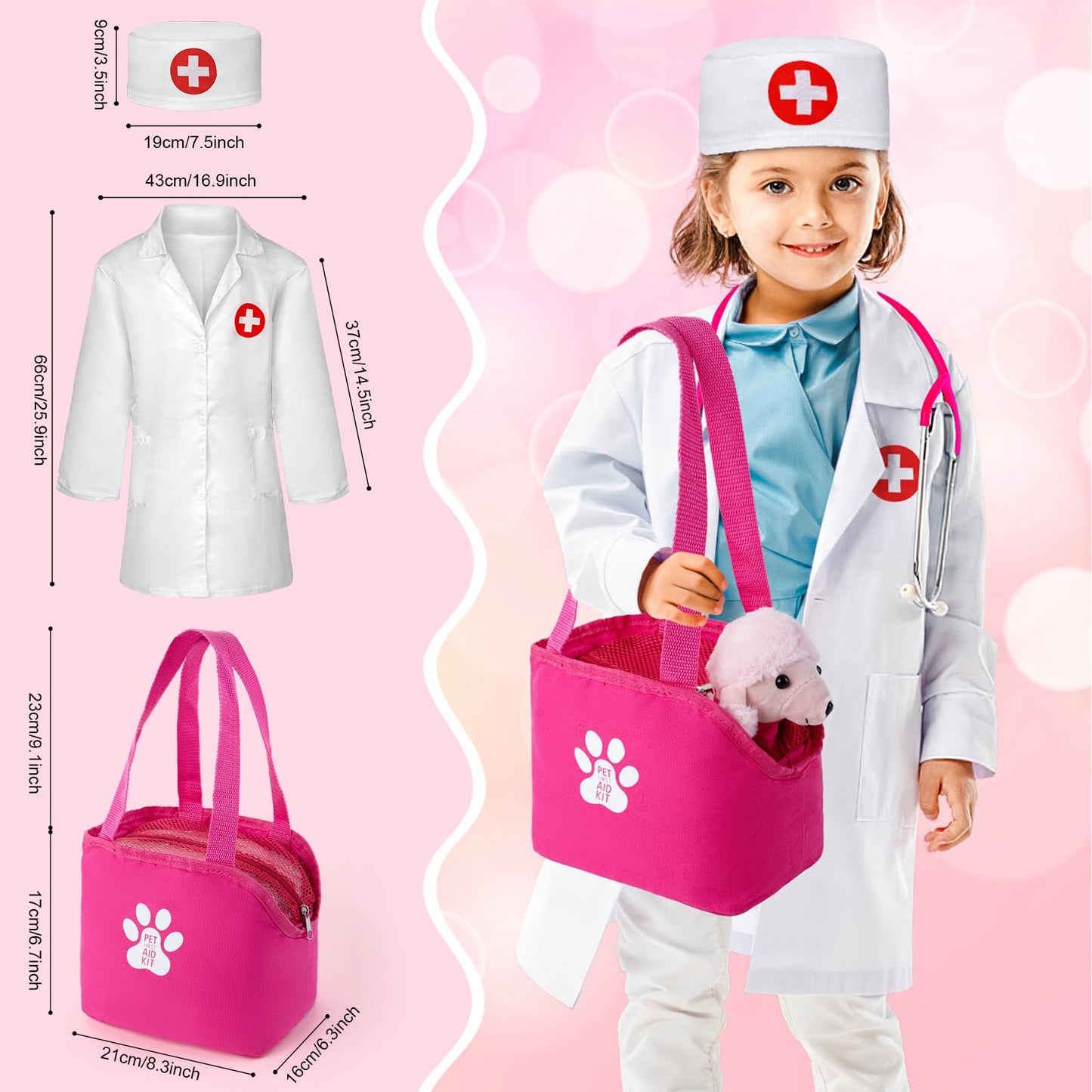 EFO SHM Doctors Set for Kids, Kids Pet Vet Care Playset with Real Stethoscope, Doctor Costume, Plush Dog and Syringe, Role Play Medical Toys for Girls Boys 3+ Year Old