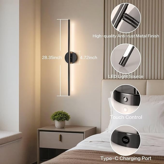 Rechargable Wall Sconce Set of Two, Modern Wireless USB Sconce Lights with Remote, 28.35Inch Dimmable Indoor Home Wall Decor Lights for Bedroom, Living Room, Hallway (Black/Round)