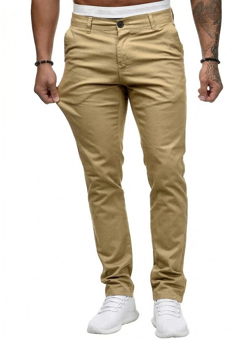 HUNGSON Mens Chinos Dress Pants Slim Fit Stretch Classic Golf Trousers Lightweight Breathable Khakis Casual Travel Slacks Versatile Outdoor Bottoms Khaki 32x30
