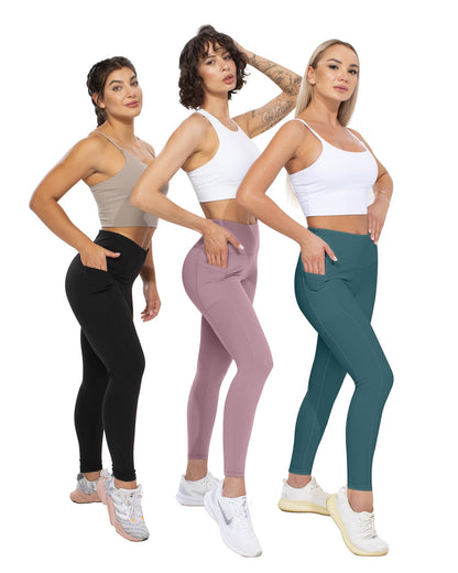 CHRLEISURE Leggings with Pockets for Women, High Waisted Tummy Control Workout Yoga Pants(5 Packs Black,Gray,Pink,Blue,Green, L)