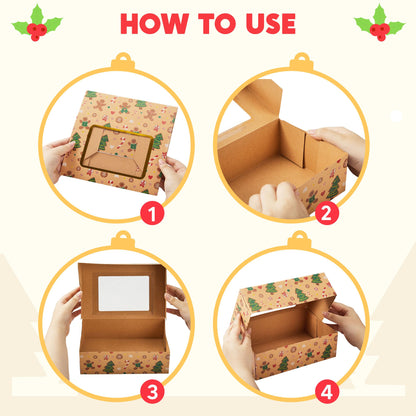 JOYIN 12 PCS Foiled Christmas Cookie Boxes for Gift Giving, 8.75" x 5.75" x 2.75” Bakery Boxes with Window, 3 Design Brown Kraft Cardboard Treat Box for Xmas Holiday Pastries Cupcakes Doughnut Wrap