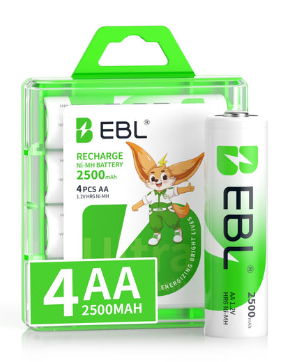 EBL AA Rechargeable Batteries 1.2V 2500mAh High Performance Pre-Charged AA Batteries - 4 Pack