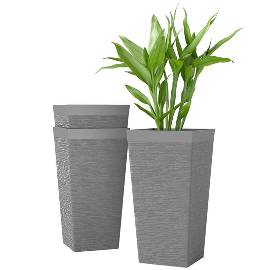 Outsunny 22.8 Inch Tall Planters for Outdoor Plants, Set of 3 Plastic Flower Pots with Stone Finish and Wheels, Stackable Tapered Planters with Drainage Hole for Indoor Plants, Front Porch, Gray