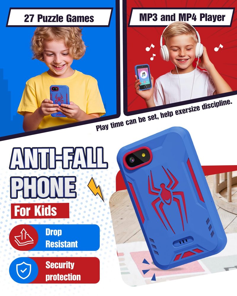 Kids Smart Phone, Spider Toys Phone for Boys 3 4 5 6 7 8 Years Old, Dual Camera, 3.5'' Touchscreen Kid Phones, Educational Toy for Toddler Kids Christmas Birthday Gifts, ABC Learning, Habit Tracker